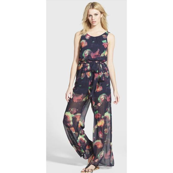 ASTR The Label Pants - Astr the Label Tie Waist Jumpsuit Navy Blue Abstract Print Sheer Wide Leg Sz Med